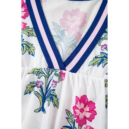 White Floral Print Striped V Neck Blouse