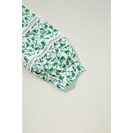 Green Printed Lace Detail Floral Puff Sleeve Fall Shirt