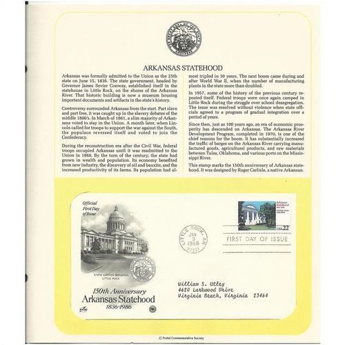 ARKANSAS STATEHOOD ' OFFICIAL FIRST DAY of ISSUE ' (1986)