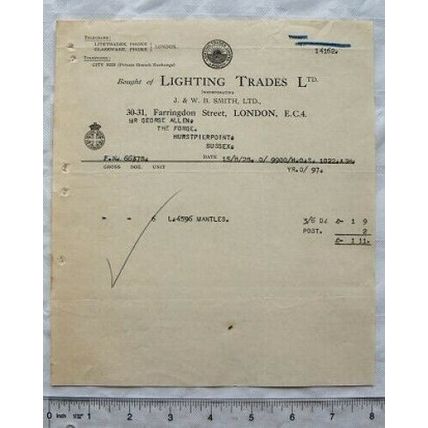 1928 invoice Lighting Trades, J & W B Smith, London