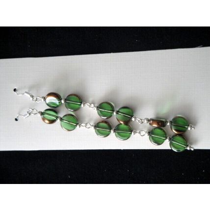 Unique handmade bronze dipped green crystal glass long dangle earrings