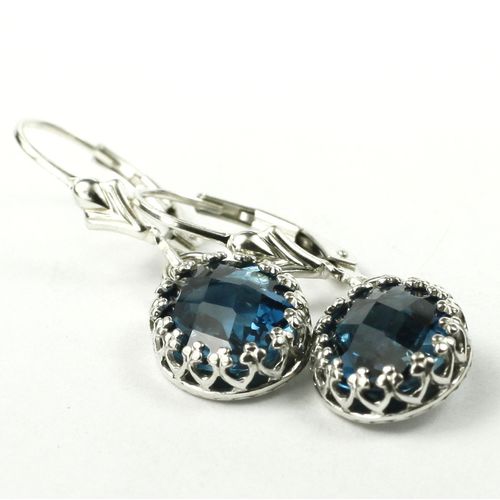 London Blue Topaz, 925 Sterling Silver Crown Bezel Leverback Earrings, SE109