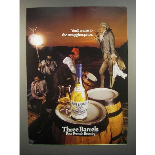 1975 Three Barrels Brandy Ad - Warm to Smugglers Price
