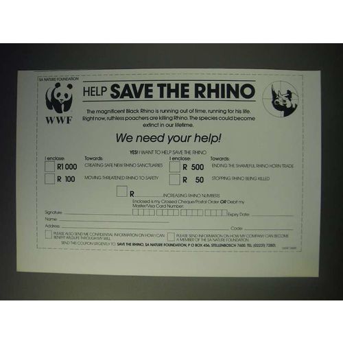 1989 World Wildlife Fund Ad - Help save the Rhino