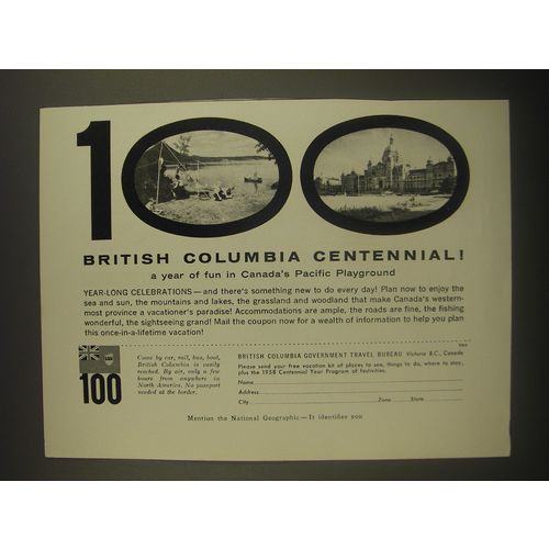 1958 British Columbia Tourism Ad - 100 British Columbia Centennial!