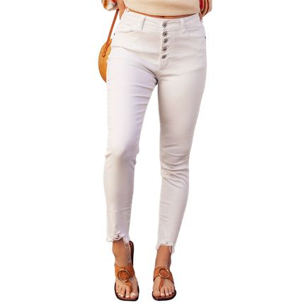 White Plain High Waist Buttons Frayed Cropped Denim Jeans