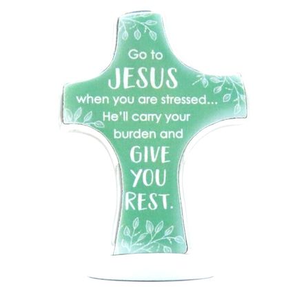 Go To Jesus When Your Stressed Cross Metal Freestanding White 8 CM Christ Love