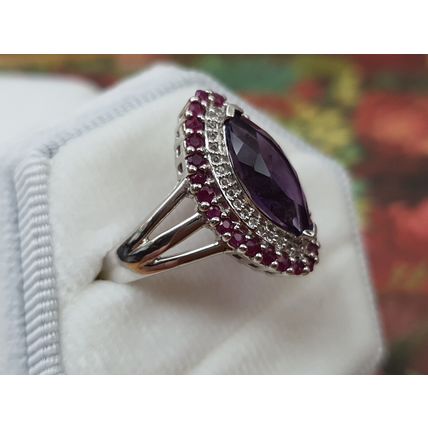 3.7ct Amethyst Burmese Ruby White Topaz Ring Size P½ Rhodium Overlay 925 Silver