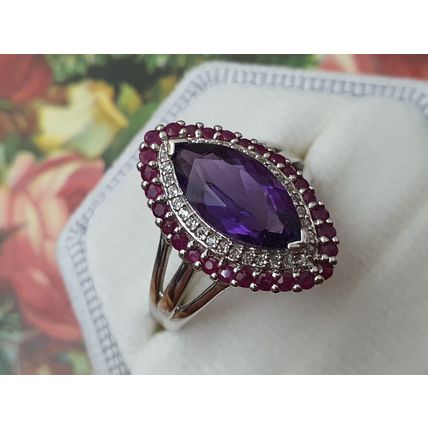 3.7ct Amethyst Burmese Ruby White Topaz Ring Size P½ Rhodium Overlay 925 Silver