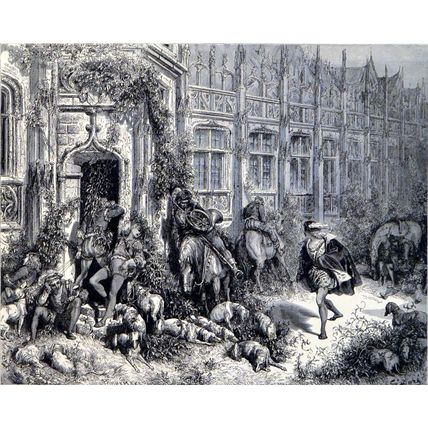 PRINCE APPROACHING THE PALACE OF SLEEP 1885 Gustave Doré ANTIQUE ENGRAVING