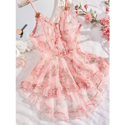 Women's Sexy Floral Lingerie V Neck Sheer Mesh See Through Chemise Slip Dress