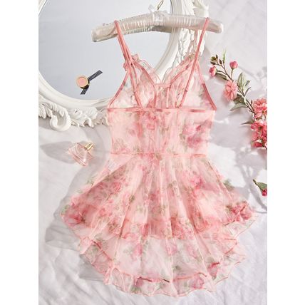 Women's Sexy Floral Lingerie V Neck Sheer Mesh See Through Chemise Slip Dress