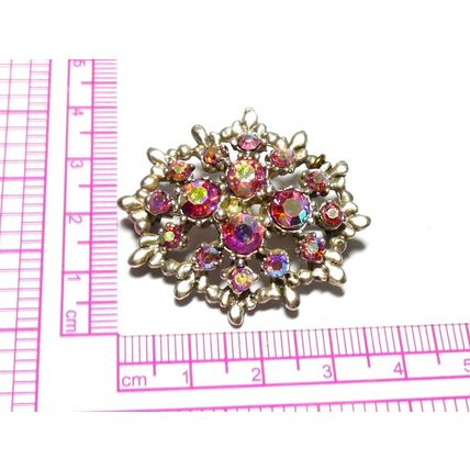 VINTAGE 1990-s Oval Silvertone Pink Aurora Borealis Rhinestone Cluster BROOCH.