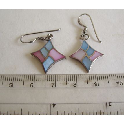 925 Earrings Mother-of-Pearl Pastel Pink & Blue Pierced Drops Sterling Silver