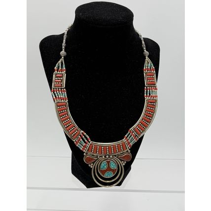 Turquoise Red Coral Gemstone Necklace Tibetan Nepali Jewelry Women Silver Triba