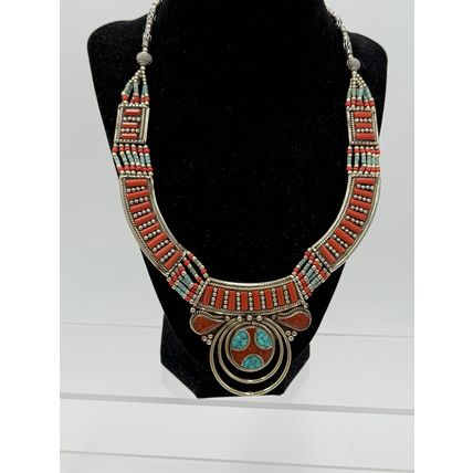 Turquoise Red Coral Gemstone Necklace Tibetan Nepali Jewelry Women Silver Triba