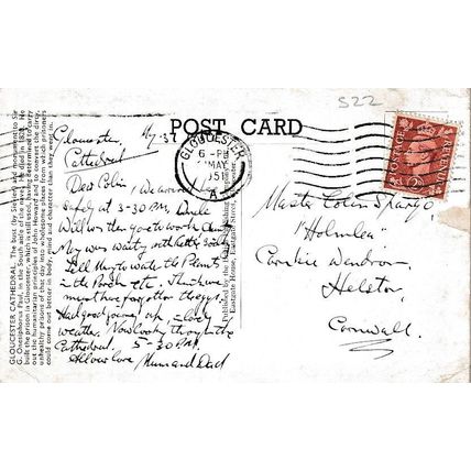 Genealogy postcard posted to Master Colin SPARGO, Helston CORNWALL 1951