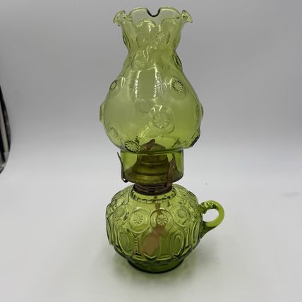 MCM LE Smith Moon & Stars Art Glass Olive Green Oil Lamp (Loose)12”