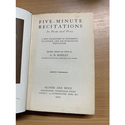 1920 "FIVE MINUTE RECITATIONS IN POEMS & PROSE" ANTIQUE HARDBACK BOOK (P3)