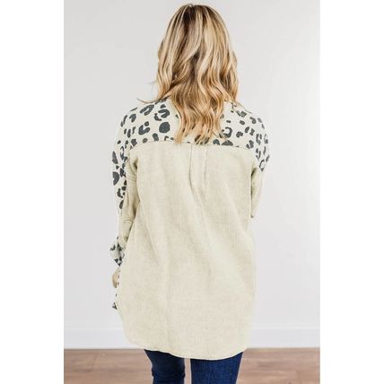 Apricot Leopard Print Detail Pocketed Corduroy Jacket
