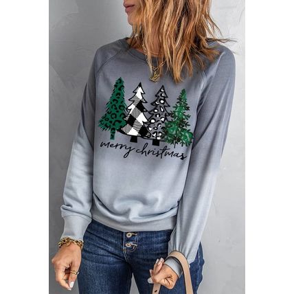 Gray Merry Christmas Tree Gradient Color Print Graphic Sweatshirt