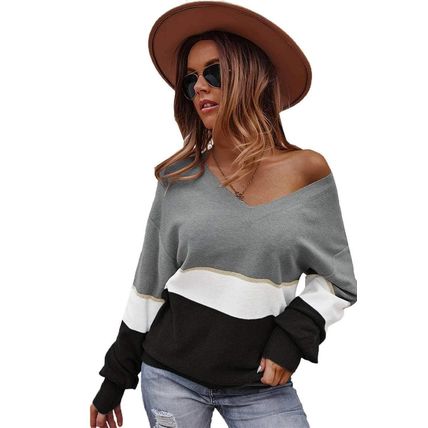 Gray Colorblock V Neck Sweater