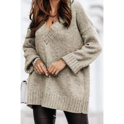 Gray V neck Drop Shoulder Knitted Sweater