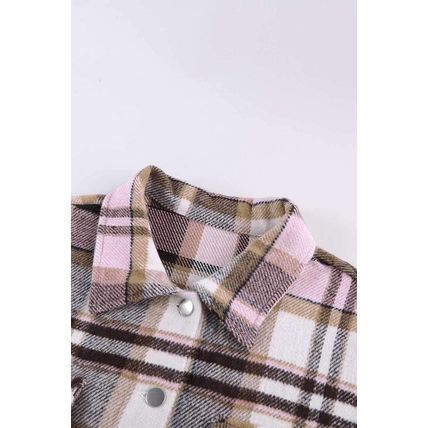 Pink Geometric Plaid Print Pocketed Shirt