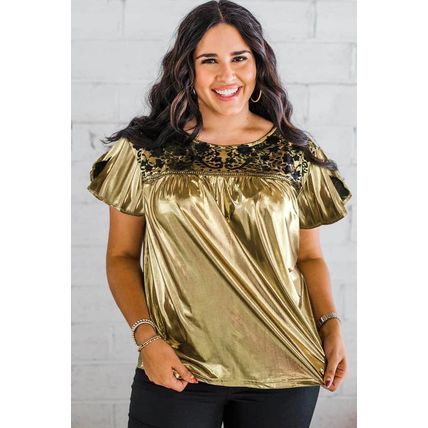 Gold Plus Size Floral Embroidered Short Sleeve Top