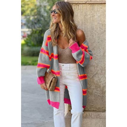 Medium Grey Stripe Printed Ribbed Long Knitted Cardigan