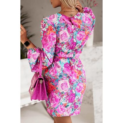 Purple Floral Keyhole Back Long Sleeve Belted Dress