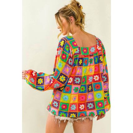 Multicolor Floral Crochet Square Neck Puff Sleeve Blouse