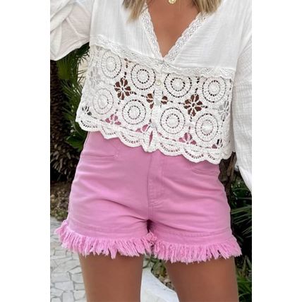 Pink Frayed Edge Mid Rise Denim Shorts