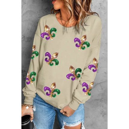 Khaki Sequin Mardi Gras Graphic Pullover Sweatshirt