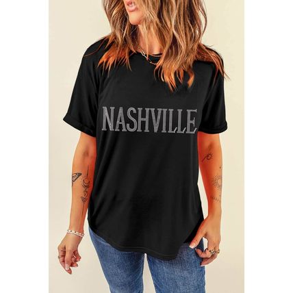 Black Rhinestone NASHVILLE Graphic Crewneck T Shirt