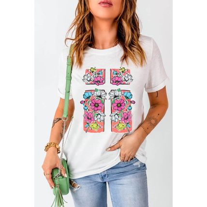 White Floral Crossed Graphic Easter Round Neck T Shirt