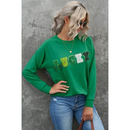Green St Patricks LUCKY Chenille Embroidered Graphic Sweatshirt