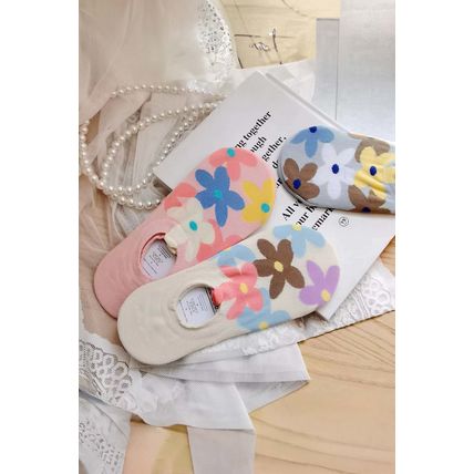 Pink Cute Floral Print No Show Socks