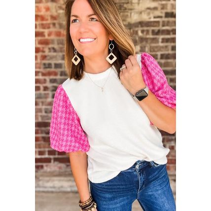 White Contrast Tweed Puff Sleeve Top