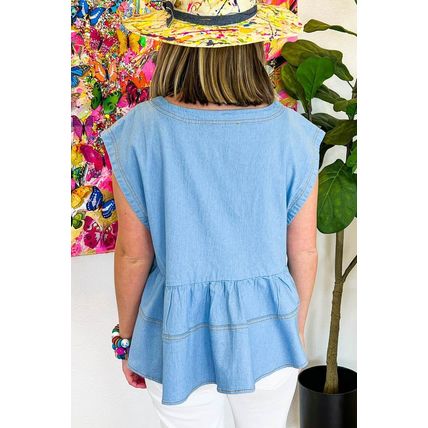 Beau Blue Trendy Stitching Detail Denim Peplum Top