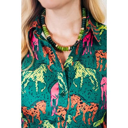 Green Horse Printed Long Sleeve Collared Buttoned Plus Size Midi Dress