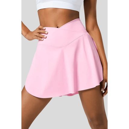 Pink Solid Pocketed Crossover High Waist Swim Skort