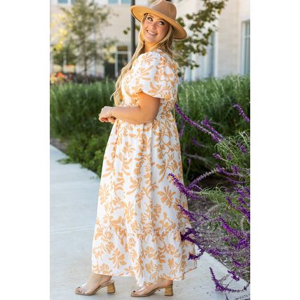 Apricot Floral Print Puff Short Sleeve Resort Plus Size Maxi Dress