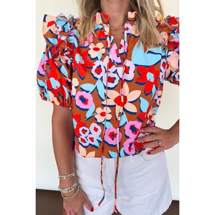 Brown Flower Print Self Tie Frilled Collar Puff Sleeve Blouse