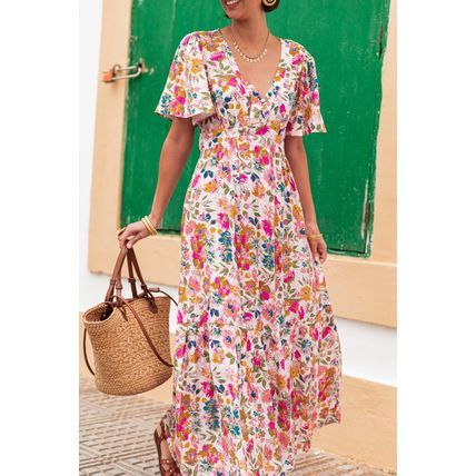 Red Floral Short Sleeve V Neck High Waist Maxi Dress