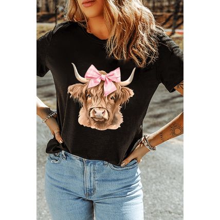 Black Bow Cow Head Graphic Western Fashion T Shirt