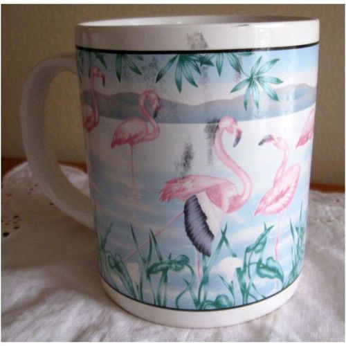 Coffee / Tea Mug With Flamingo Water Scene Design in pastel pink, green & blue