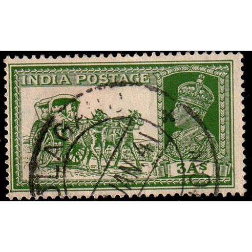 India 1937 King George VI Horses 3As Used Stamp.