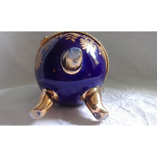 Porcelain Footed Egg Shaped Hinged Trinket, Jewellery Or Pill Box Blue And Gold