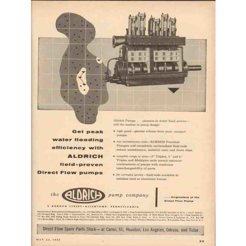 ALDRICH PUMP COMPANY 1955 peak water flooding direct flow vintage ad